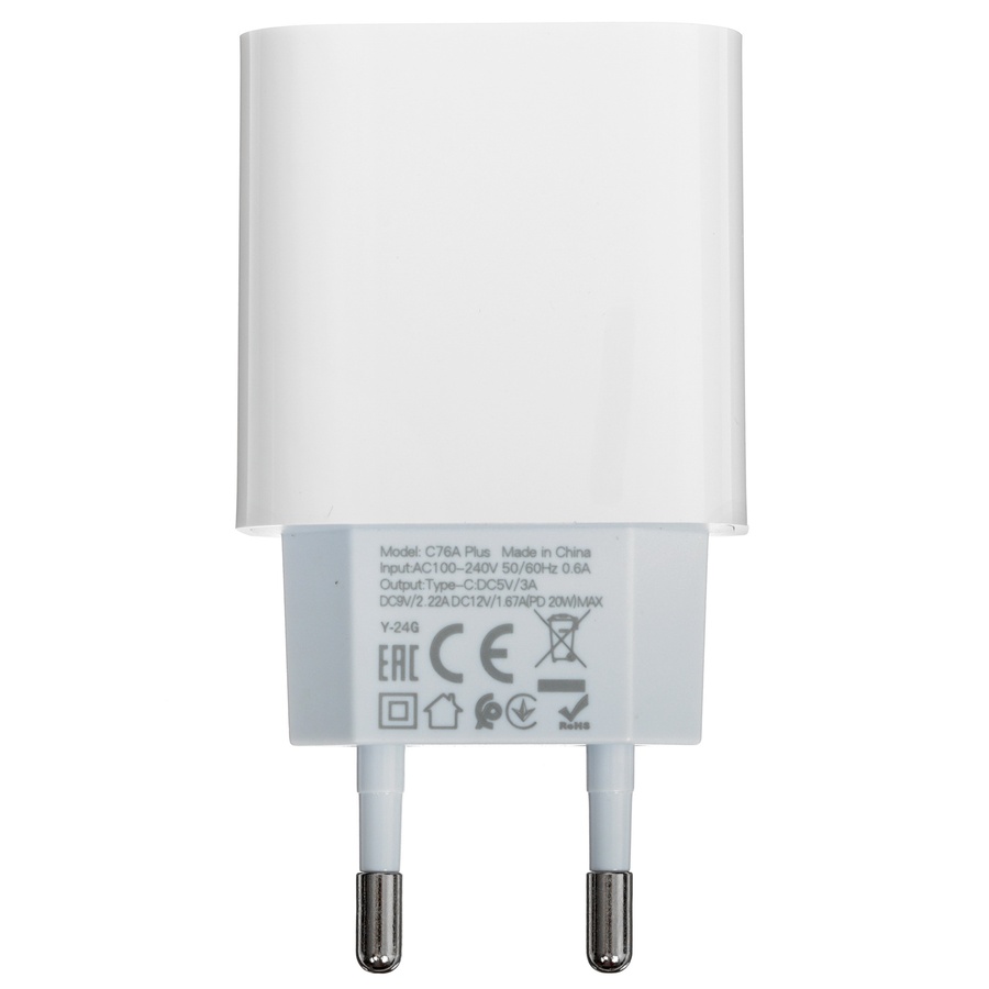 Фото СЗУ HOCO C76A Plus Type-C to Lightning (PD 3.0) 20W (5V-3.0A/9V-2.22A/12V-1.67A) (белый) Изображение СЗУ HOCO C76A Plus Type-C to Lightning (PD 3.0) 20W (5V-3.0A/9V-2.22A/12V-1.67A) (белый)